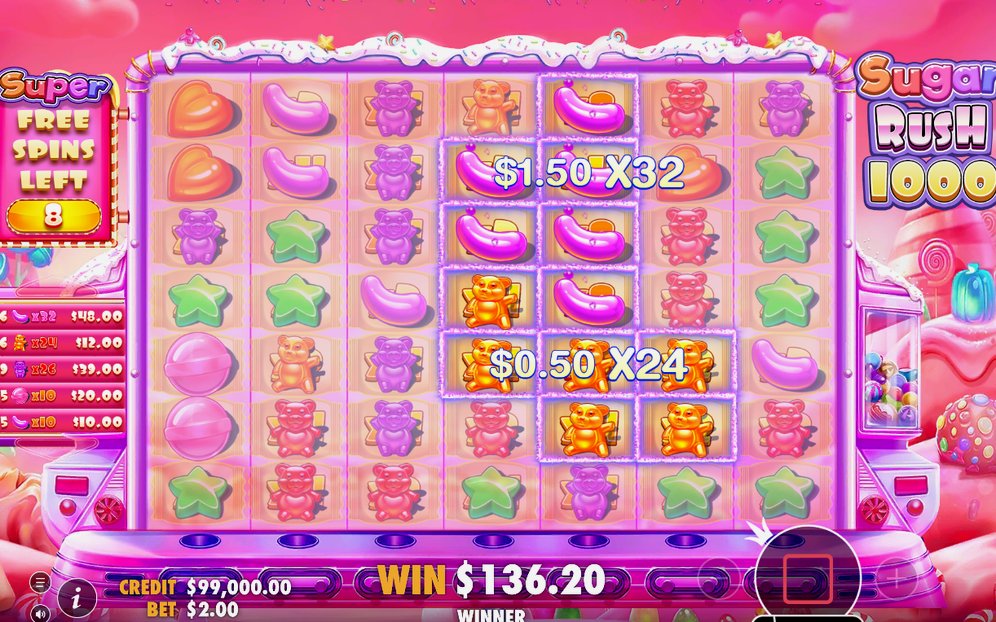 Win screen after a cluster pays on the 7x7 grid